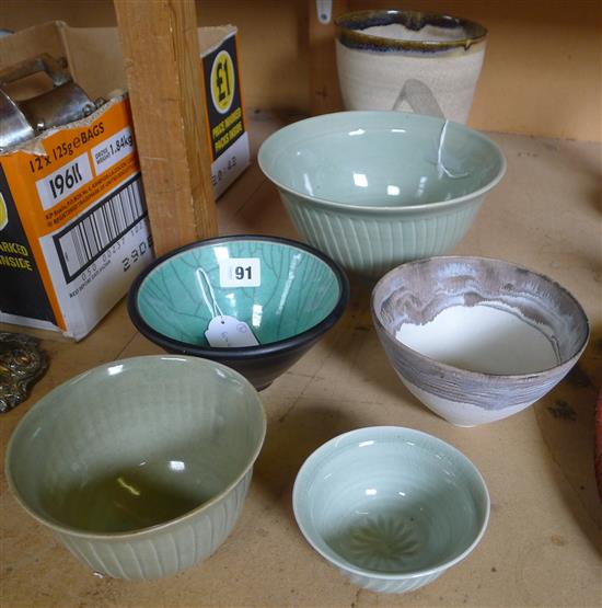 Six Studio Pottery bowls, Tony Bridges and others